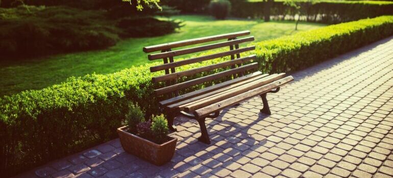 Empty bench in the park representing Glover park as one of the DC area places for a quiet family life