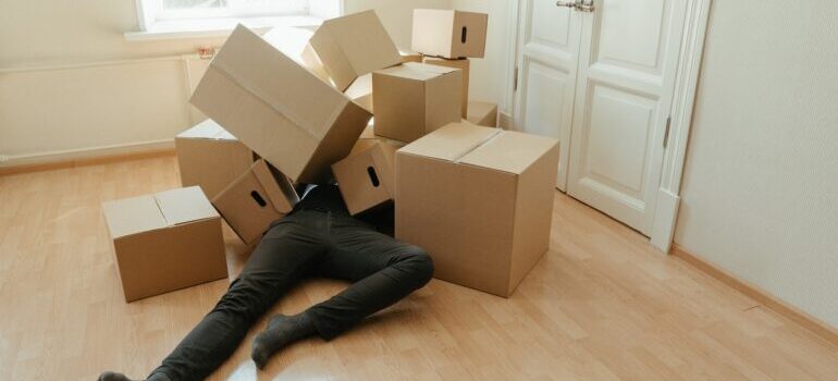 Man covered in moving boxes