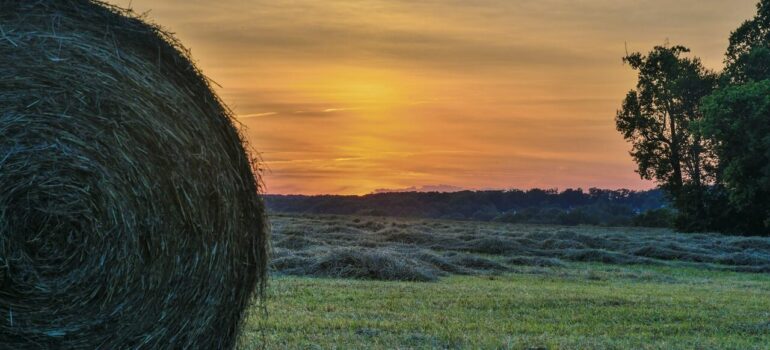 hay bales in the field with the sunset on the horizon in one of many places to buy a vacation home in MD