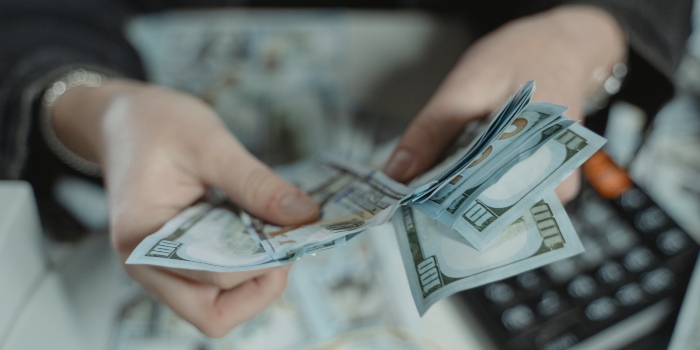 A person holding cash and calculating the budget.