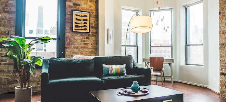 A sofa in a well-lit living room