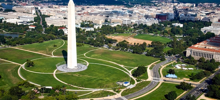 Aerial view of obelisk monument in DC.