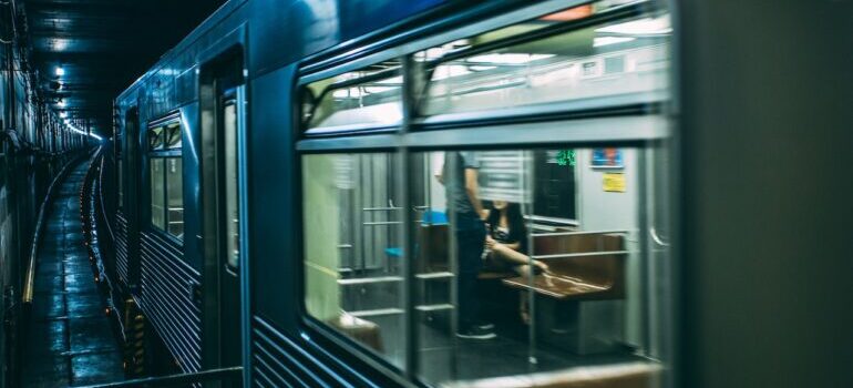 A subway train at night