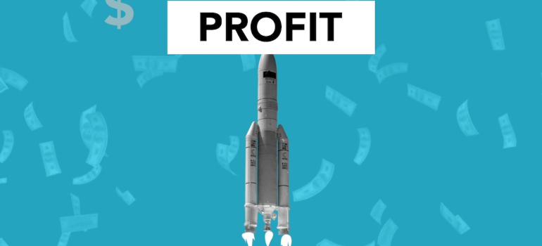 An image of a rocket with the word "profit" above it.