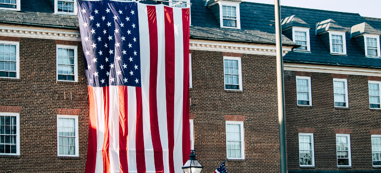 a building with a U.S. flag attached to it