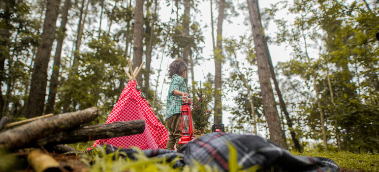a little boy in the forest, next to the camping gear
