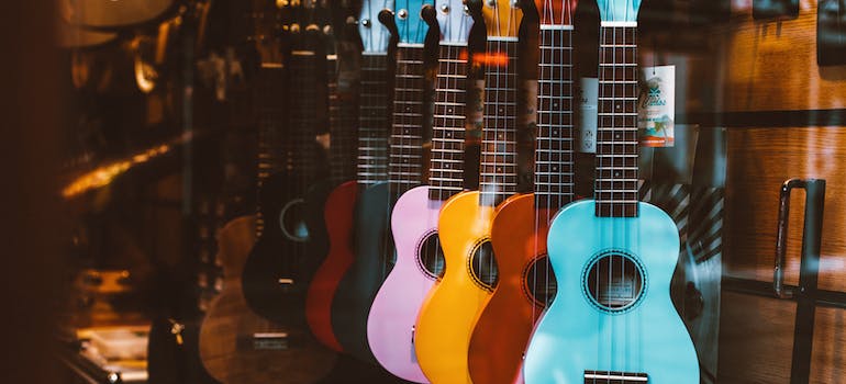 a music store with many different guitars 