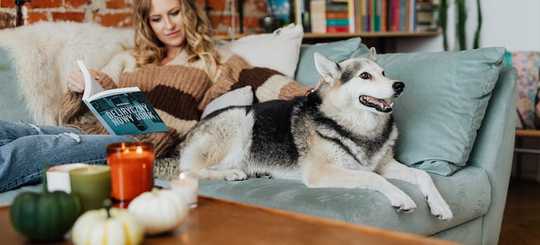 a woman reading on her sofa while petting her large dog