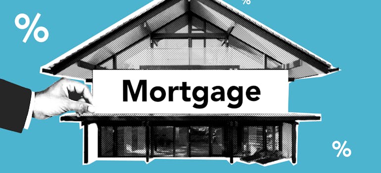 an image of a house and a person holding a banner that says "mortgage"