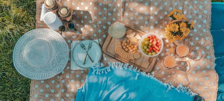 items arranged on a blanket so people could have lunch in the park