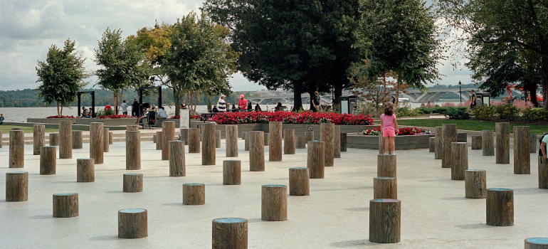 a park with an interesting installation in the form of short pylons in Alexandria VA