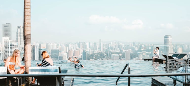 a rooftop pool in a big city