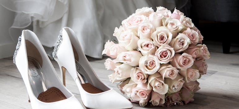 white shoes and wedding flowers