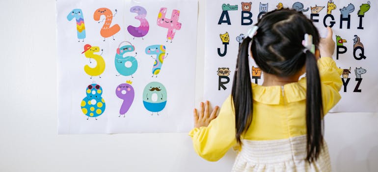 A little girl in a yellow shirt is looking at a poster of the alphabet