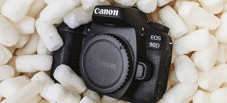 a camera in packing peanuts, one of the materials you should use to safely move fragile items