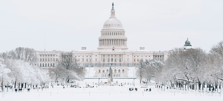 a monument in the nation's capital completely covered with snow