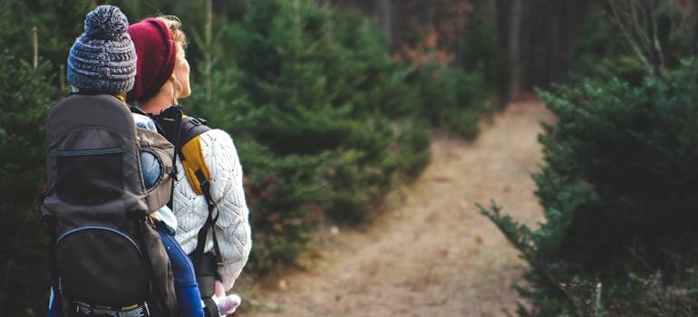 A woman and her child hiking