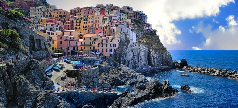 Colorful cliffside homes overlook the sparkling Ligurian Sea—an iconic view from Cinque Terre.