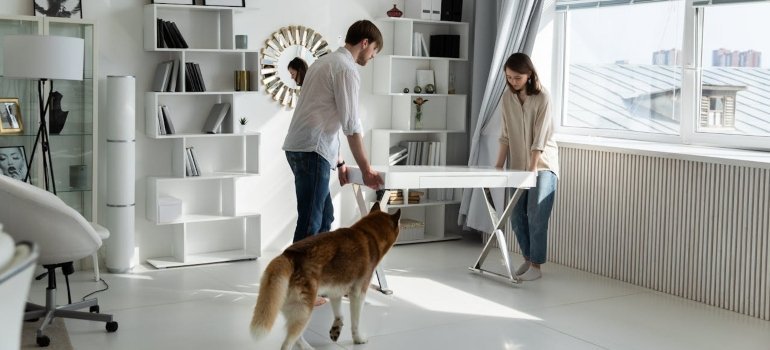 Couple trying to prevent furniture damage during a move