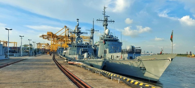 Military ships docked at a harbor in Coastal Virginia, highlighting the region’s strong military presence and lifestyle