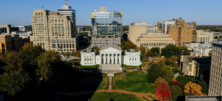 Aerial view of Richmond and Northern Virginia, illustrating the cultural and lifestyle highlights of living in Virginia in fast-paced urban areas.